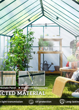 16' x 8' Aluminum Greenhouse Polycarbonate Walk-in Garden Greenhouse Kit with Adjustable Roof Vent, Rain Gutter and Sliding Door for Winter, Clear