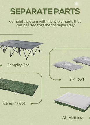 2-Person Folding Camping Cot Portable Outdoor Bed Set with Sleeping Bag, Inflatable Air Mattress, Comfort Pillows and Carry Bag, Soft and Comfortable for Outdoor Travel Camp Beach Vacation