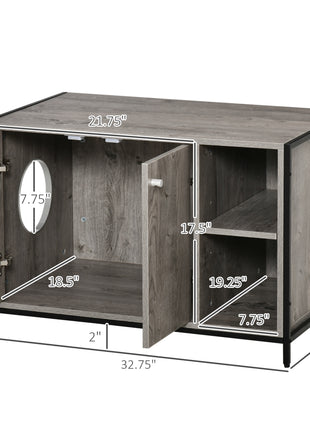 Large Wooden & Steel Cat Litter Box Enclosure, Kitten Washroom End Table, Indoor Hidden Cat House with Magnetic Doors & Storage Shelves, Gray