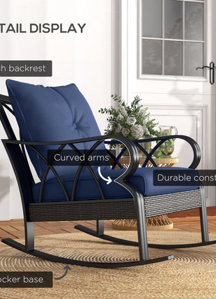 Outdoor Wicker Rocking Chair with Padded Cushions, Aluminum Furniture, Rattan Porch Rocker Chair w/ Armrest, Navy Blue
