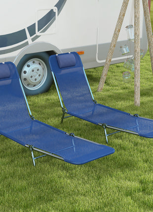 2 Piece Sun Loungers, Folding Chaise Lounge Chairs with Reclining Back, Breathable Mesh Seat, Headrest, Dark Blue
