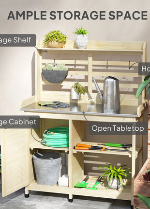 Wooden Potting Bench with Storage, Sink, Water Tap for Backyard, Patio, Balcony, Natural