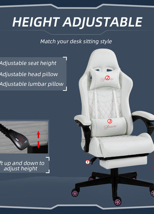 High Back PU Leather Gaming Chair, Racing Computer Chair with Swivel Wheels, Retractable Footrest, Headrest, Lumbar Support, and Armrest, White and Pink