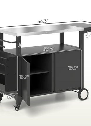 Outdoor Grill Cart Table with Stainless Steel Top, Movable Pizza Oven Table with Foldable Side Table, Wheels