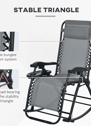 2 Outdoor Rocking Chairs Foldable Reclining Zero Gravity Lounge Rockers w/ Pillow Cup & Phone Holder, Gray