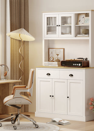 Freestanding Kitchen Cabinet, 71" Tall Pantry Cabinet, Modern Hutch with Wide Countertop, Adjustable Shelves, White