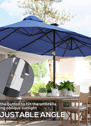 Double-sided Patio Umbrella, 9.7' Outdoor Umbrella with Tilt and Crank, LED Solar Light and 12 Ribs, Navy Blue