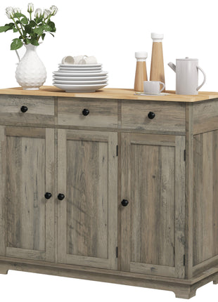 Kitchen Storage Cabinet, Sideboard Floor Cupboard with Solid Wood Top, Adjustable Shelf, and 3 Drawers, Distressed Gray