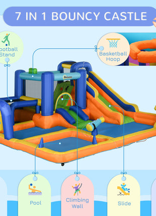 7 in 1 Water Slide w/ Slide Pool Climbing Wall Water Cannon Basketball Hoop Boxing Post Football Stand for 3-8 Years