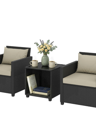 3 Piece Patio Bistro Set, Wicker Furniture Set with Thick Cushions, Glass Coffee Table and Chairs for Garden, Beige