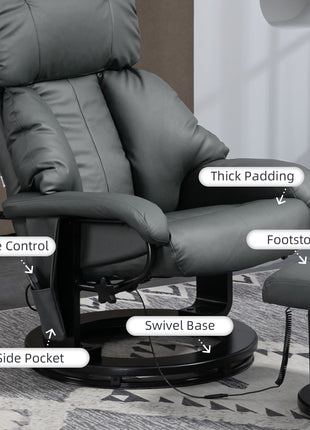 Swivel Recliner with Ottoman, Faux Leather Reclining Chair with Massage, Footstool Remote and Side Pocket, Gray