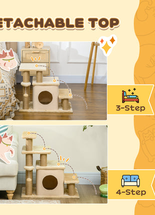 Adjustable Height 3 Step/4 Step Cat Stairs w/ Jute Cat Scratching Post, Cat Condo, Toy Ball, for Bed, Sofa, Couch, Beige