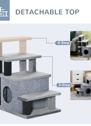 Adjustable Height 3 Step/4 Step Cat Stairs with Cat Scratching Post, Cat Condo, Toy Ball, for Bed, Sofa, Couch, Gray