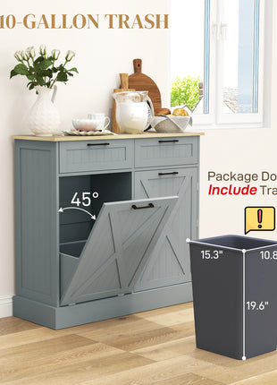 10 Gallon Farmhouse Kitchen Cabinet with Hidden Trash Can and 2 Drawers, Tilt Out Trash Can Cabinet for Kitchen, Gray
