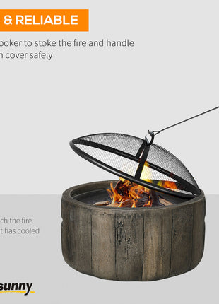 Outdoor Fire Pit, 18 Inch Metal Wood Burning Fireplace with Spark Cover, Poker, Woodgrain Design for Patio, Picnic, Backyard, Dark Brown