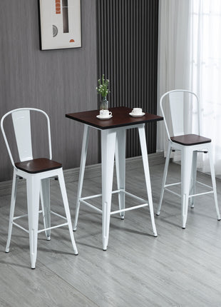 3 Piece Industrial Dining Table Set, Bar Height Bar Table and Chairs Set with Footrests for Bistro, White and Brown