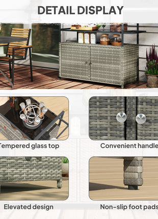 2-Tier Shelf PE Rattan Outdoor Bar Table, Glass Top Outdoor Serving Cart with Cabinet, Mixed Gray