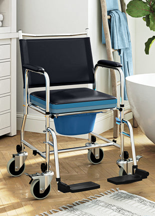 Rolling Shower Chair, Bedside Commode Wheelchair with Padded Seat, Backrest, for Seniors, Disabled, 300 lbs, Black