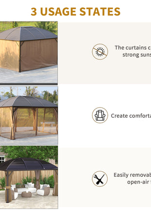 10' x 14' Hardtop Gazebo with Curtains, Netting, Pavilion with Steel Roof Ceiling Hook for Garden Patio, Brown