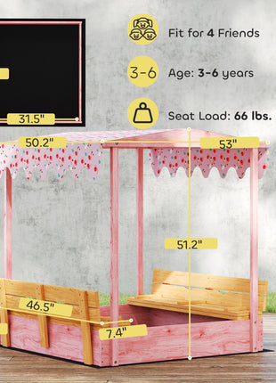 Wooden Sandbox with Cover, Kids Sandbox Outdoor with Seat, Bottom Liner, Canopy for Ages 3-6, Flamingos Print, Pink