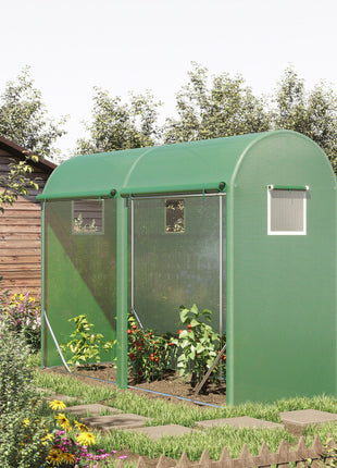 10' x 3' x 7' Walk-in Lean-to Greenhouse, Steel, 4 Zipper Roll-up Windows & 2 Doors, UV Protecting PE Cover for Growing Flowers, Vegetables, Tropical Plants, Saplings, Succulents, Green