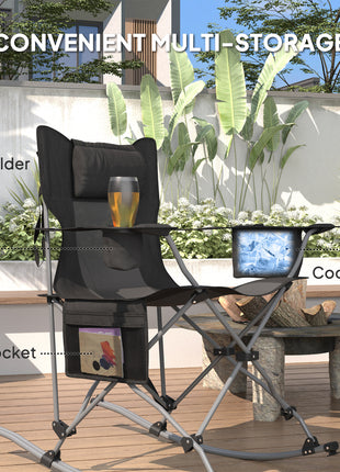 Folding Rocking Camping Chairs, Portable Chairs with Headrest, Cooler Bag, Cup Holder, Carry Bag, 2 Pack, Black