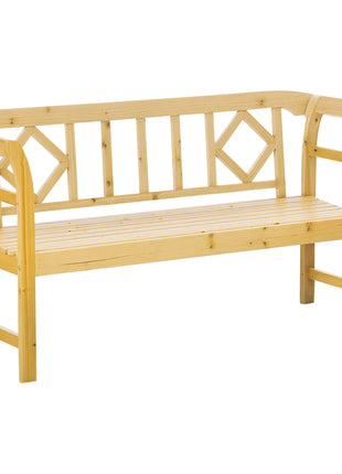 Wooden Patio Bench, Outdoor Garden Bench with Backrest and Armrests, 3 Person Porch Bench with Rustic Country Diamond Pattern, Natural