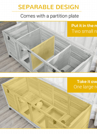 Wooden Rabbit Hutch with Wheels, Dividers for Indoor Use, Light Gray