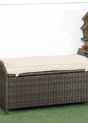 29 Gallon Patio Wicker Storage Bench, Outdoor PE Rattan Furniture, 2-In-1 Large Capacity Rectangle Garden Storage Box with Handles and Cushion, Cream White