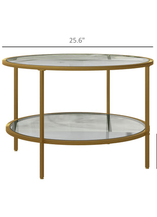 Side Table with Storage, 26" Round End Table, 2-Tier Tempered Glass Coffee Table with Steel Frame for Living Room, Gold