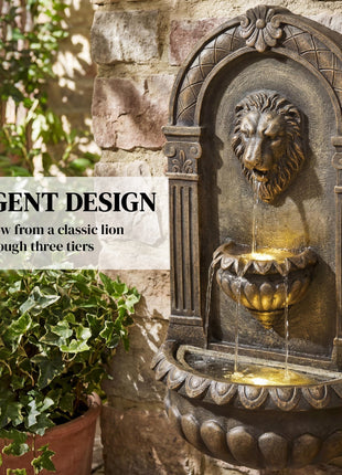 31" Wall-Mounted Outdoor Fountain, 3-Tier Cascading Waterfall Feature with LED Lights and Adjustable Flow, Bronze