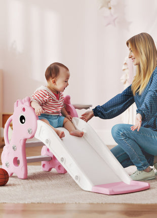 3-in-1 Toddler Slide for Age 1-3, Freestanding Kids Slide with Climber, Basketball Hoop and Ball, Giraffe Design, Pink