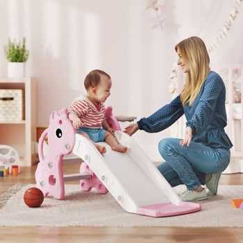 3-in-1 Toddler Slide for Age 1-3, Freestanding Kids Slide with Climber, Basketball Hoop and Ball, Giraffe Design, Pink