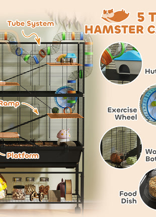 5 Tier Hamster Cage, Rolling Rat Cage with Deep Tray, Storage Shelf, Big Exercise Wheel, Hut, Tube System