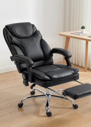6 Point Vibration Massage Office Chair, PU Leather Heated Reclining Computer Chair with Footrest, Black