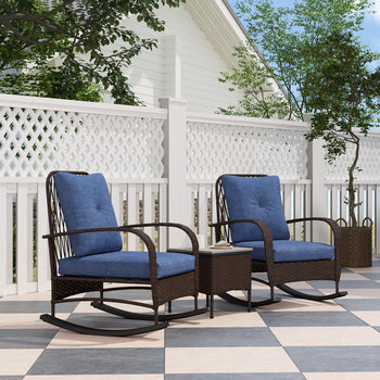 3 Piece Wicker Patio Furniture Set, Outdoor PE Rattan Rocking Chairs with Coffee Table, Cushions for Porch, Brown
