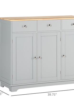 Kitchen Storage Cabinet, Sideboard Floor Cupboard with Solid Wood Top, Adjustable Shelf, and 3 Drawers, Gray