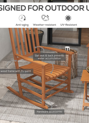 Outdoor Rocking Chair Set of 2 with Side Table, Patio Wooden Rocking Chair with Smooth Armrests, High Back for Garden, Balcony, Porch, Supports Up to 352 lbs, Teak