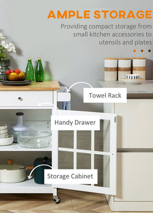 27" Rolling Kitchen Island Cart with Drawer and Glass Door Cabinet, Kitchen Trolley with Adjustable Shelf and Towel Rack, White