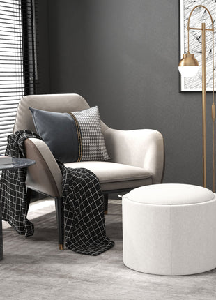Round Storage Ottoman Coffee Table with Flip Top Tray, Linen Fabric Upholstered Footstool with Hidden Compartment