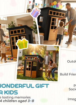 Outdoor Playhouse, Wooden Kids Playhouse w/ Picnic Table & Benches, Chalkboards, Half Door, Windows, for Kids Ages 3-8