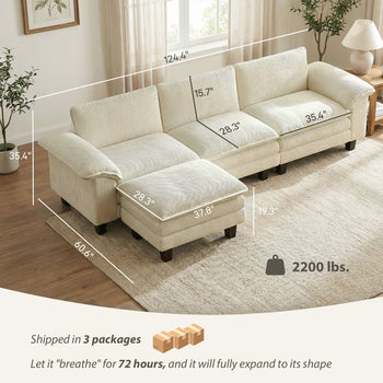 Sectional Sofa, L Shaped Couch with Deep Seat, Movable Ottoman and Pillow-top Armrests, Beige