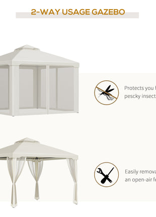 9.6' x 9.6' Patio Gazebo, Outdoor Canopy Shelter with 2-Tier Roof and Netting, Steel Frame for Garden, Lawn, Backyard, and Deck, Cream White