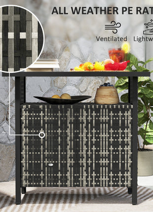 Outdoor Pool Towel Storage Cabinet Organizer, Outdoor Bar Table with Shelf and Cabinet, Pool Towel Holder Pool Valet with Weather-Resistant PE Rattan and Steel Frame, Mixed-Gray