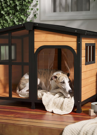 Cabin-Style Wooden Dog House for Large Dogs with Openable Roof & Giant Window, Yellow