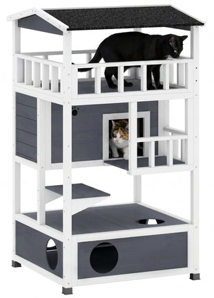 Wooden Outdoor Cat House, Feral Cat Shelter Kitten Condo with Asphalt Roof, Escape Doors, Condo, Jumping Platform, Gray