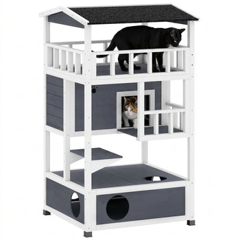 Wooden Outdoor Cat House, Feral Cat Shelter Kitten Condo with Asphalt Roof, Escape Doors, Condo, Jumping Platform, Gray