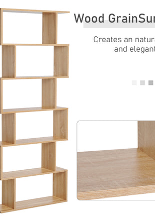 75.5" H Bookcase 6 Shelf S-Shaped Bookshelf Wooden Storage Display Stand Shelf Organizer Free Standing, Oak