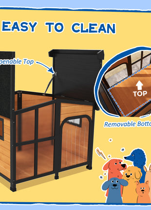Cabin-Style Wooden Dog House for Large Dogs with Openable Roof & Giant Window, Yellow