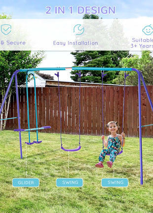 Metal Swing Set with Glider, Two S Seats and Adjustable Height, Outdoor Heavy Duty A-Frame Kids Playset Suitable, Purple